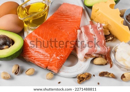 Healthy food low carb keto diet with healthy fats and protein on white background. Paleo diet Royalty-Free Stock Photo #2271488811