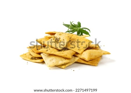 Pita Chips Pile Isolated, Small Wheat Tortillas, Crunchy Flat Bread with Herbs and Spices, Spicy Mediterranean Wheat Snack, Pita Chips on White Background Royalty-Free Stock Photo #2271497199