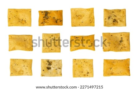 Pita Chips Set Isolated, Small Wheat Tortillas Collage, Crunchy Flat Bread with Herbs and Spices, Spicy Mediterranean Wheat Snack, Pita Chips on White Background Royalty-Free Stock Photo #2271497215