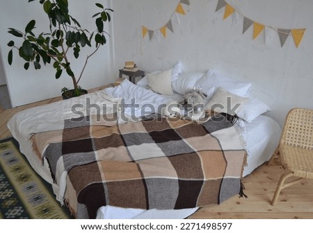 bedroom with unmade bed and carpet on the floor Royalty-Free Stock Photo #2271498597