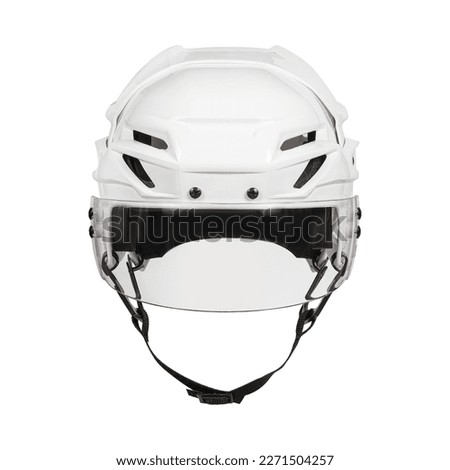 White Protective Ice Hockey Helmet with Transparent Plastic Visor on White Background.