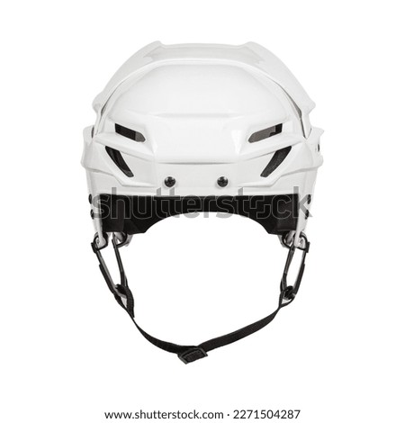White plastic protective helmet for ice hockey on a white background without shadow.