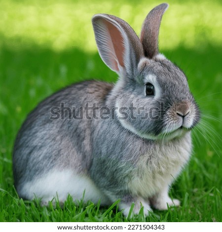 Single sedate lovely furry american chinchilla rabbit sitting on bright green grass meadow during spring or summer time surrounded by dreamy bokeh. Easter hare portrait full body.