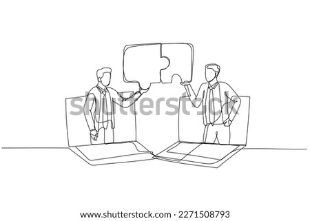 Drawing of businessman and coworker connecting jigsaw puzzle. Concept of business solution. Single continuous line art style