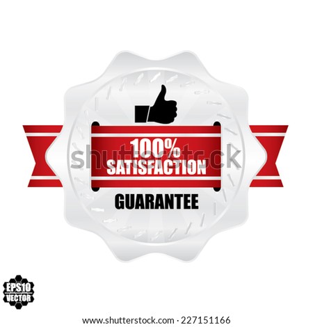 Vector: Silver label, sticker, tag, and sign with red ribbon hundred percent satisfaction badge.