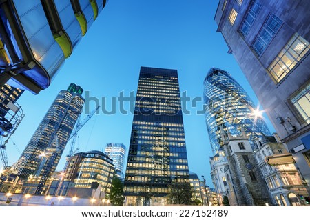Skyscrapers at the City of London at night.