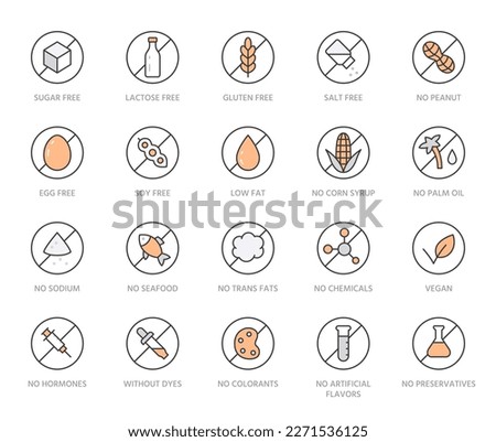 Food allergen line icon set. Gluten free, sugar, lactose, hormone, without peanut, no soy, trans fat minimal vector illustration. Simple outline sign for meal label. Orange color. Editable Stroke Royalty-Free Stock Photo #2271536125