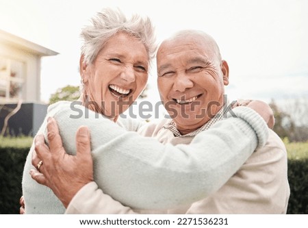 Portrait, love and senior coupe hug, outdoor and happiness for relationship, romance and anniversary. Face, happy mature man and old woman embrace, outside and romantic with smile, loving and bonding Royalty-Free Stock Photo #2271536231
