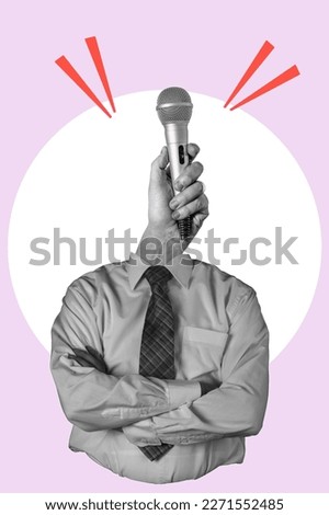 Art collage, Singer with a microphone instead of his head on a light background. Concept of work in media and news