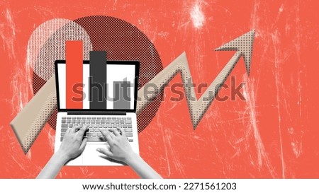 Contemporary art collage. Conceptual design. Human hands working on laptop. Graphs and analytics. Growing financial success of company. Concept of business, career development, innovations, IT support