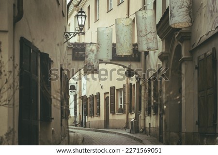 Narrow streets of ex Vilna Jewish Ghetto in old town of Vilnius, Lithuania Royalty-Free Stock Photo #2271569051