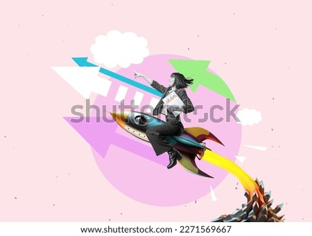 Art collage.  Launch of a red rocket with a smiling business woman. Successful start up concept. Leadership, leading to success or business vision concept Royalty-Free Stock Photo #2271569667