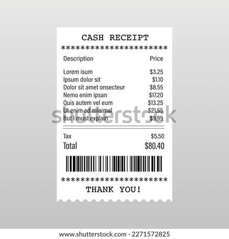 Set of realistic sales receipts, cash receipts. Bummy Silent Store Receipt with a barcode. Account sign. ATM bill template or restaurant paper financial check. Vector illustration
