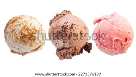 Vanilla lotus biscuit chocolate brownie and strawberry gelato ice cream isolated on white background.  Royalty-Free Stock Photo #2271576189
