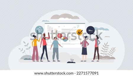 Product design as imagining and creating products brand tiny person concept. Professional team for commerce ads activities for launch strategy and financial plan presentation vector illustration. Royalty-Free Stock Photo #2271577091
