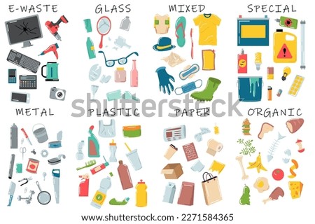 Garbage types set concept without people scene in the flat cartoon design. Instructions for proper waste sorting. Vector illustration.