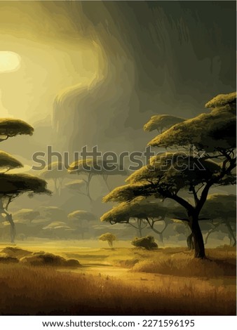 Wild savanna landscape. Savannah, African wilderness with acacia trees, grass, sand and water. Africa landscape panorama. Kenya National Park, vertical poster. Flat vector illustration