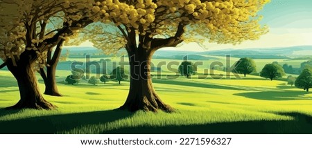 Green field, tree and blue sky. Gorgeous as background, web banner. Spring landscape in the countryside with a green meadow on the hills with blue sky, vector summer or spring landscape, panoramic Royalty-Free Stock Photo #2271596327