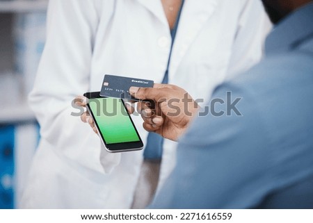 Pharmacist, credit card and phone green screen for payment, medicine purchase or medical finance for life insurance mockup. Zoom, patient and customer with banking technology, NFC or pharmacy woman