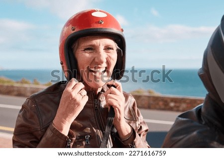 Summer, senior woman and helmet on road, happiness and quality time on break, relax and vacation. Mature female, old lady and safety for motor bike ride, smile and cheerful on holiday and joyful Royalty-Free Stock Photo #2271616759
