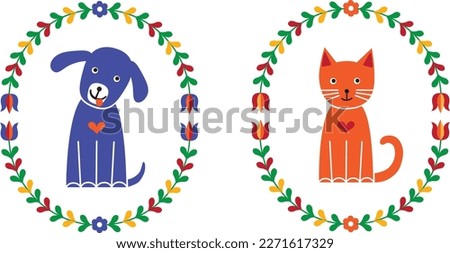 A dog and a cat with folklore floral ornament (Slovakia). Vector illustration. Isolated.