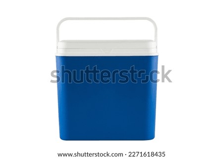 Closed blue plastic cooler isolated on white background