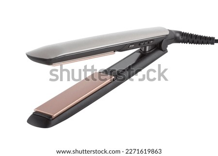 Black hair straightener with ceramic plates isolated on white background Royalty-Free Stock Photo #2271619863