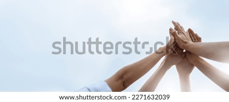 Panoramic Teamwork,empathy,partnership and Social connection in business join hand together concept.Hand of diverse people connecting.Power of volunteer charity work,Stack of people hand. Royalty-Free Stock Photo #2271632039