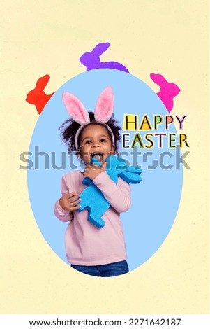 Adorable small girl holding big blue choco bunny wear ears headband Easter costume standing in big egg shape picture collage