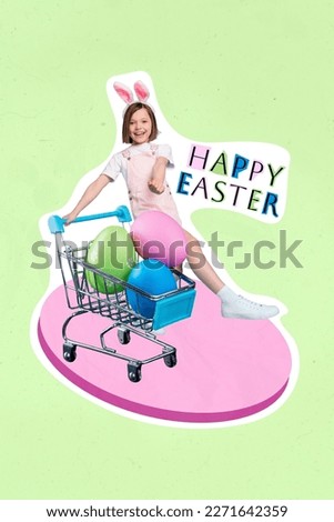 Vertical picture photo collage small girl driving supermarket trolley full of colored Easter eggs mother helper do shopping
