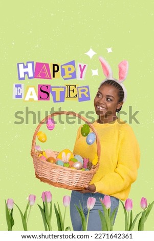 Adorable Easter postcard collage with young girl holding big decorated basket go to visit church spring favorite holiday