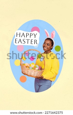 Charming girl sell handmade Easter cookies painted eggs handicraft products hold big holiday basket picture sale collage