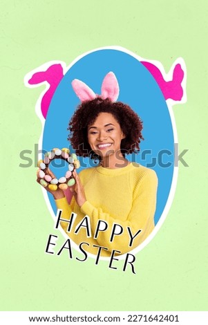 Collage artwork photo young woman showing her masterpiece Easter decorated wreath of branches glory blessing believe god