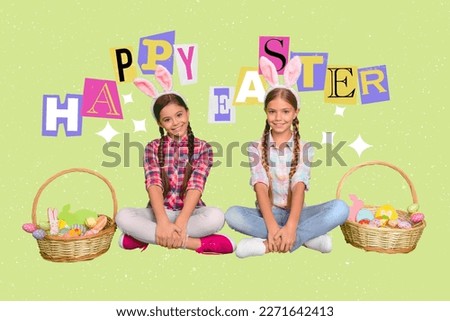 Two funny small girls sisters ready to celebrate easter handmade ginger bread painted eggs feast baskets conceptual collage