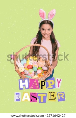 Artwork conceptual Easter theme collage of small lovely girl hold big tasty basket show parents grandparents her handmade craft