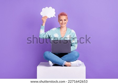 Full body length photo cadre of cheerful smile hipster girl hold paper cloud speech empty space new it code idea isolated on violet color background