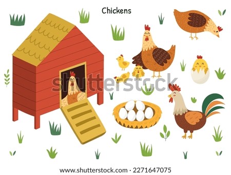 Chicken set with a cute hen, rooster, chicks and eggs. Chicken coop with a bird inside. Farm characters collection. Vector illustration Royalty-Free Stock Photo #2271647075