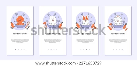 Dog grooming. Animal hair grooming salon logo set, haircuts, bathing. Happy faces of dogs. Vector illustration
