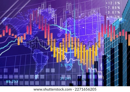 Stock exchange concept. Modern buildings, world map, data and charts, multiple exposure Royalty-Free Stock Photo #2271656205