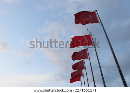Turkish flags are flying in a row on a cloudy day.