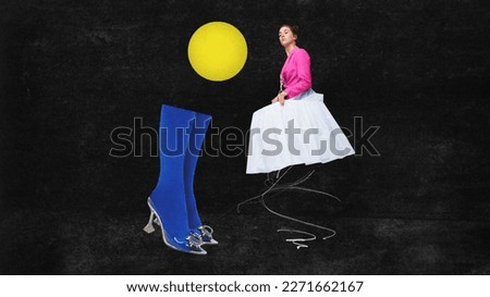 Contemporary art collage. Woman and sun. Concept of weird people, pop art, creativity, surrealism, imagination. Poster with crazy abstract design. Dark mode background