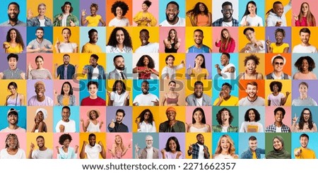 Happy Excitement. Portraits Of Joyful Multiethnic Men And Women Posing On Colorful Backgrounds, Diverse Multicultural People Expressing Positive Emotions, Looking And Smiling At Camera, Collage Royalty-Free Stock Photo #2271662357