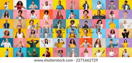 Cheerful surprised happy excited millennial and adult multiethnic people gesticulate, laugh and show signs with hands isolated on colorful background. OK, love, ad and idea. Success, fun and victory Royalty-Free Stock Photo #2271662729