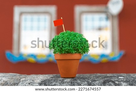 Manjerico plant with flag in a pot against Porto city scape. Traditional Summer festival in June San Juan, Portugal Royalty-Free Stock Photo #2271674557