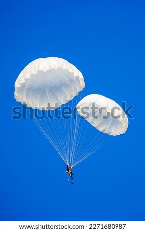 Skydiving. Flying parachutists against the background of the blue sky and mountains. Extreme sport and entertainment. Royalty-Free Stock Photo #2271680987