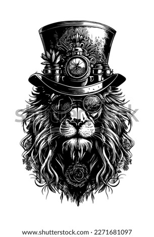 Lion head wearing sunglass and hat steampunk illustration