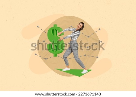 Picture creative collage photo of young excited funny business lady hold dollar symbol global inflation finance process isolated on beige background