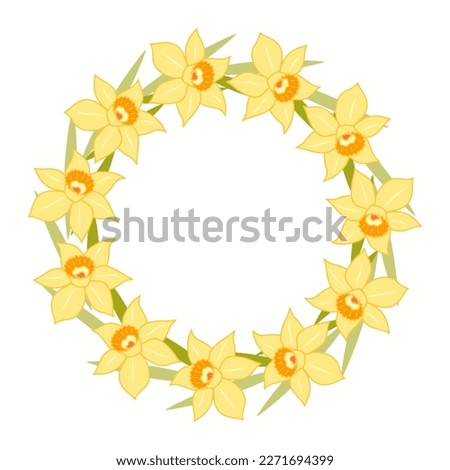 Clip art of hand drawn wreath with daffodils on isolated background. Design for mother's day, springtime and summertime celebration, scrapbooking, wedding invitation, textile, home decor.