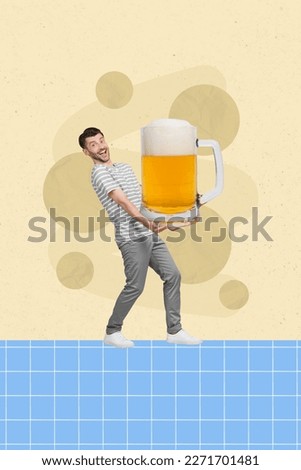 Vertical creative collage picture poster artwork sketch of happy joyful man hold big size tasty fresh beer isolated on drawing background