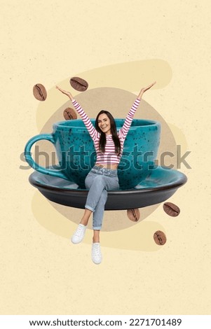 Collage vertical creative photo sketch picture poster postcard of happy cheerful lady rejoice coffee break isolated on painting background